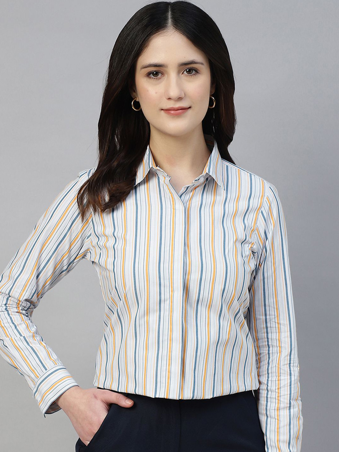 

Hancock Women Classic Fit Spread Collar Vertical Striped Cotton Formal Shirt, White