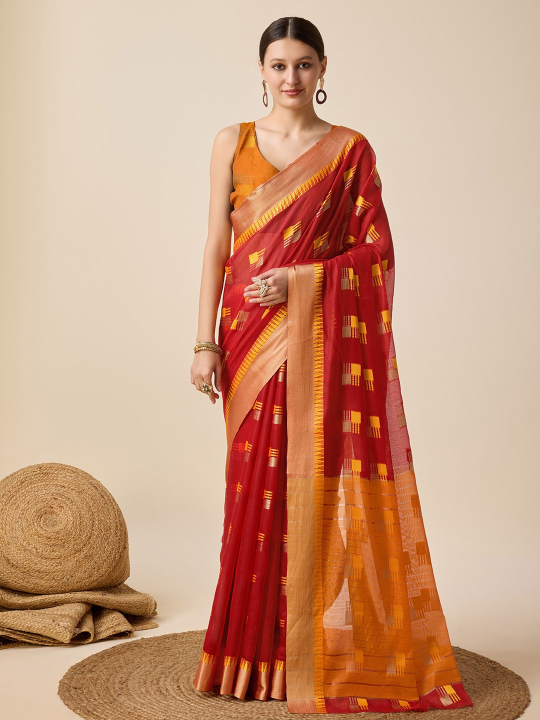 

bansari textiles Woven Design Zari Banarasi Saree, Red