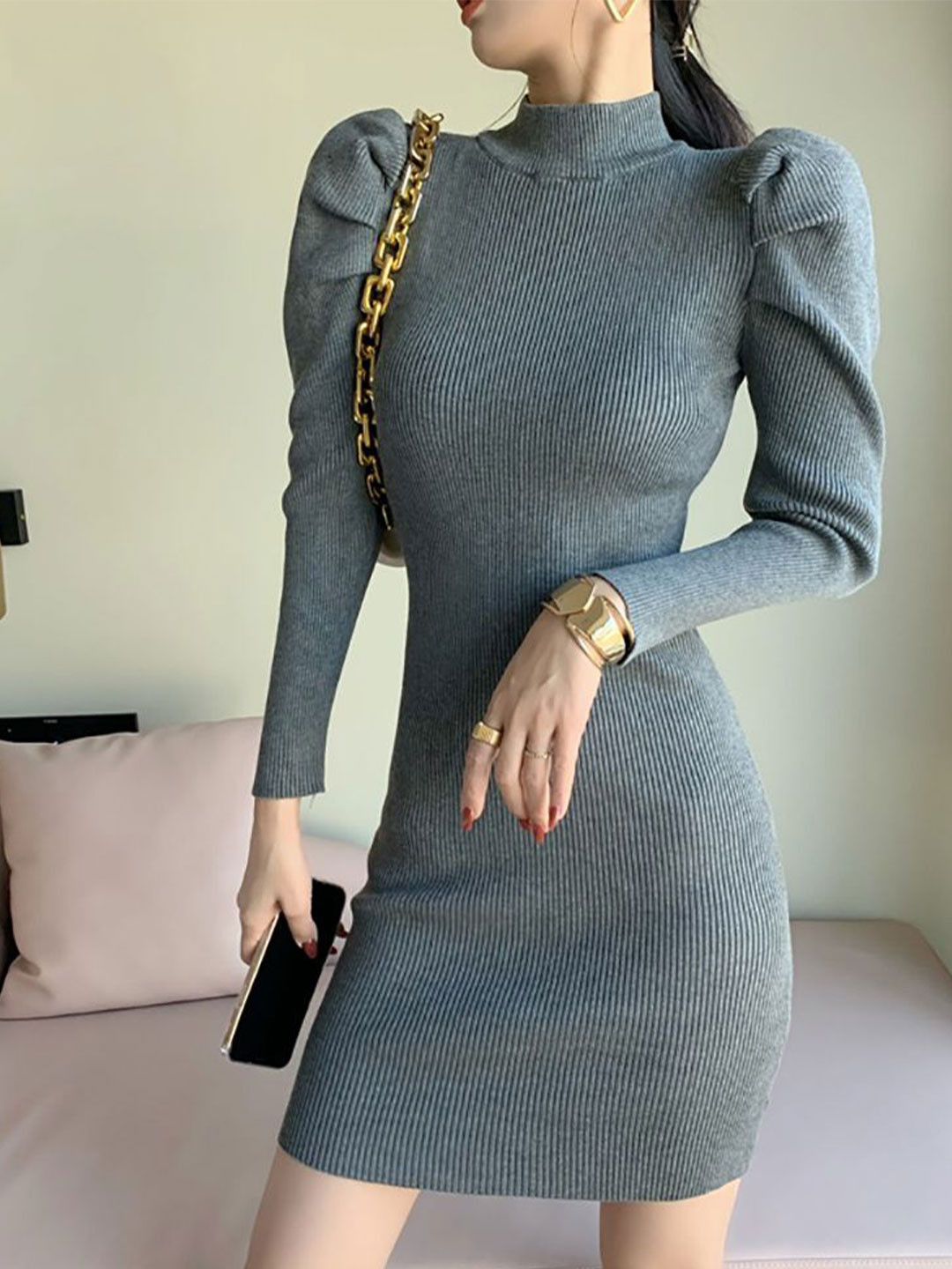 

StyleCast x Revolte Women Corduroy High Neck Puff Sleeve Bodycon Dress, Grey