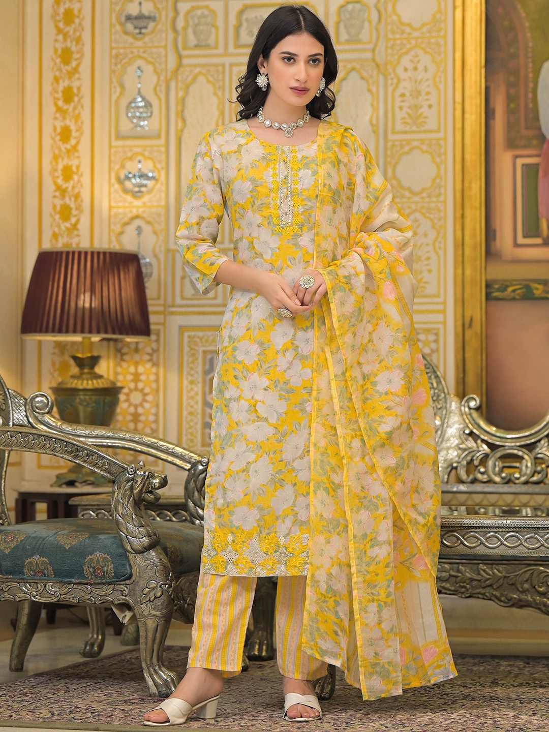 

Anouk Yellow Floral Printed Round Neck Pure Cotton Straight Kurta With Trousers & Dupatta