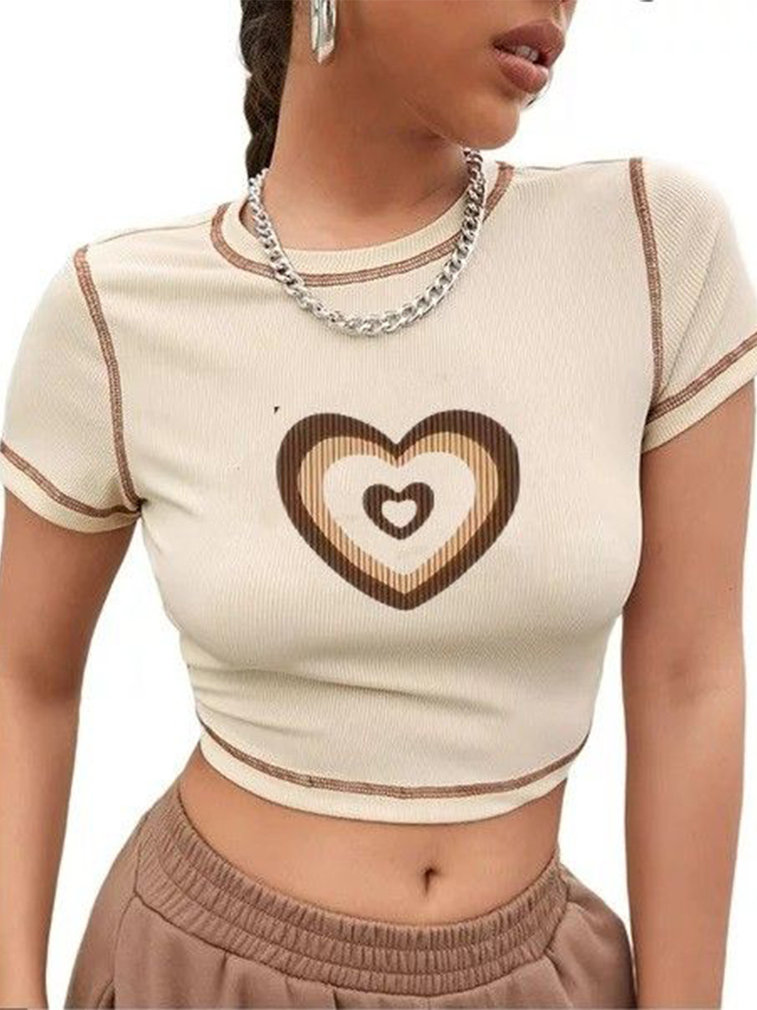 

CLOTHY Women Round Neck Crop Top, Beige