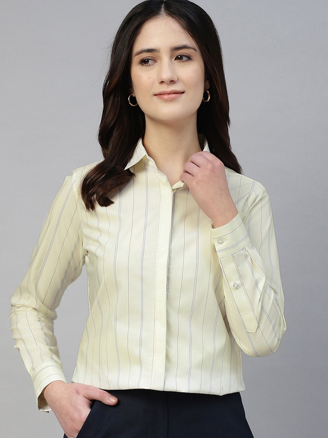 

Hancock Women Classic Fit Spread Collar Vertical Striped Cotton Formal Shirt, Cream