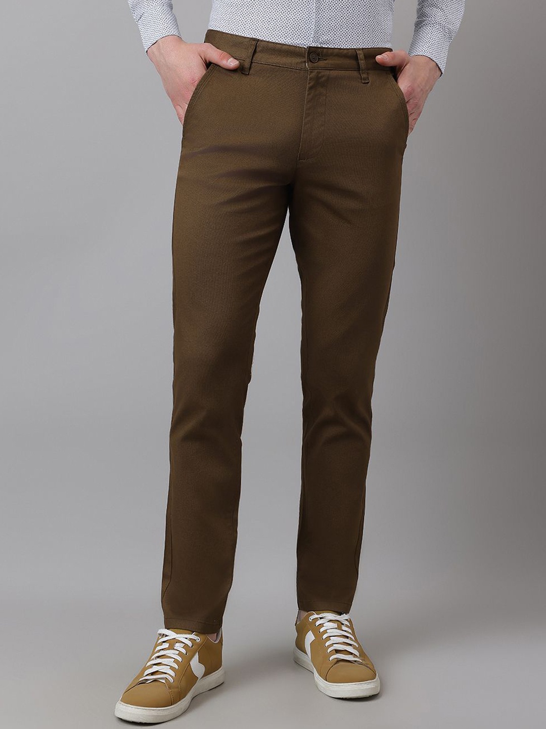 

Richlook Men Cotton Textured Mid-Rise Smart Trousers, Brown