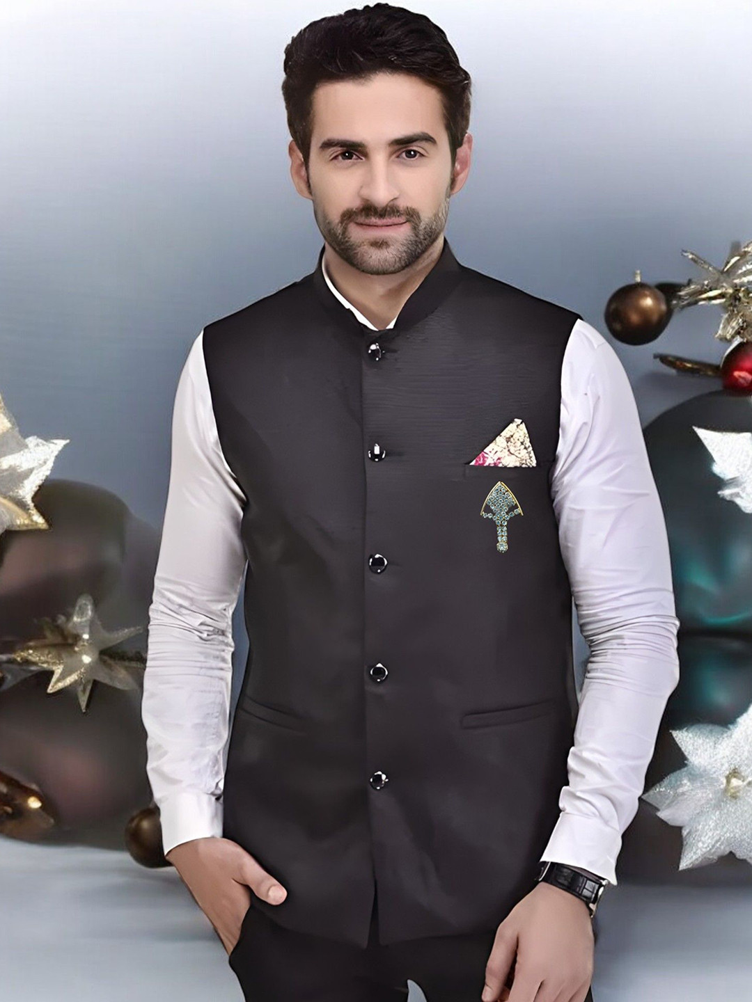 

Eliq Jute Cotton Mandarin Collar Nehru Jacket with Brooch, Black