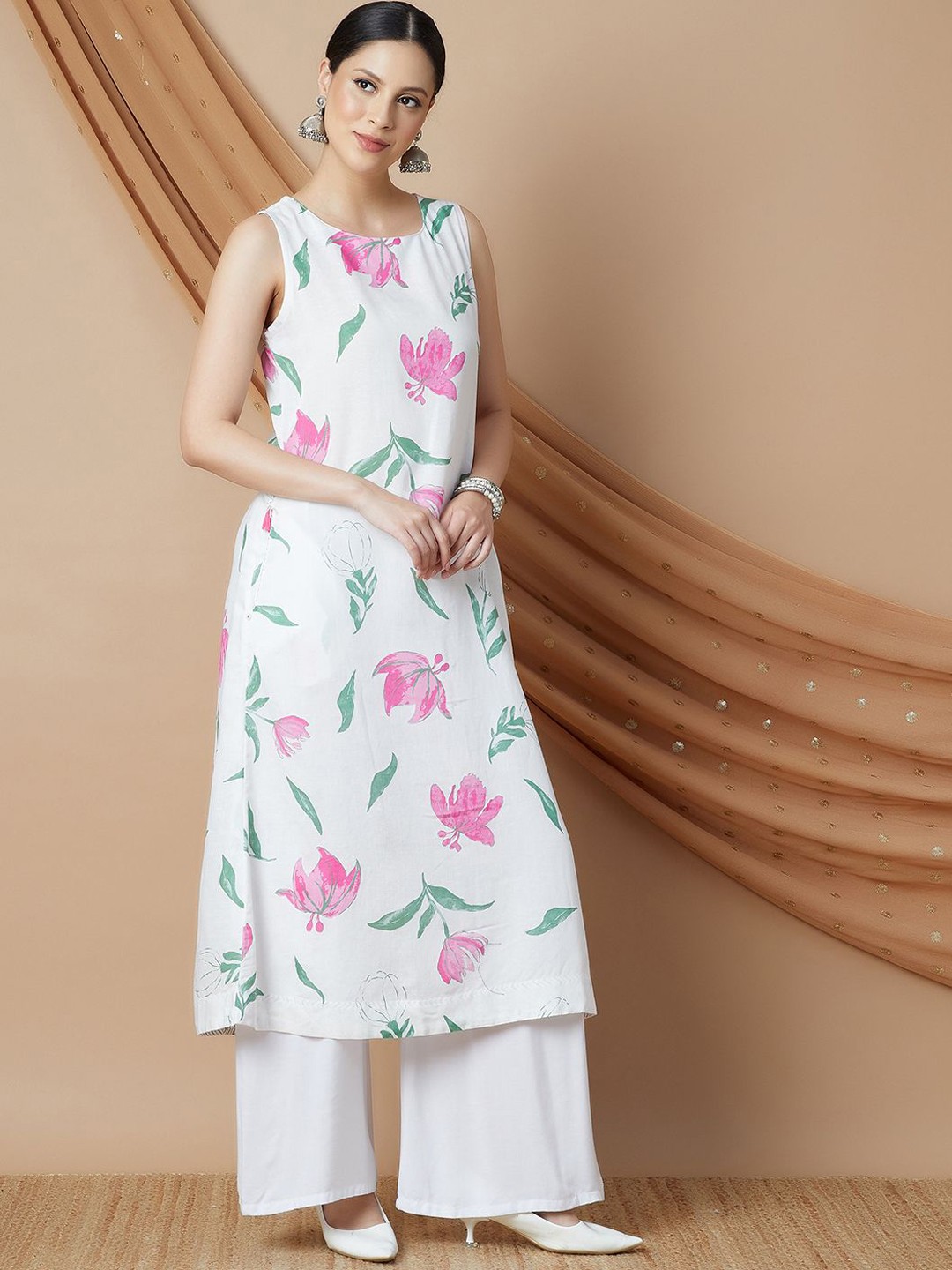 

Melange by Lifestyle Floral Printed Round Neck A-Line Kurta, Off white