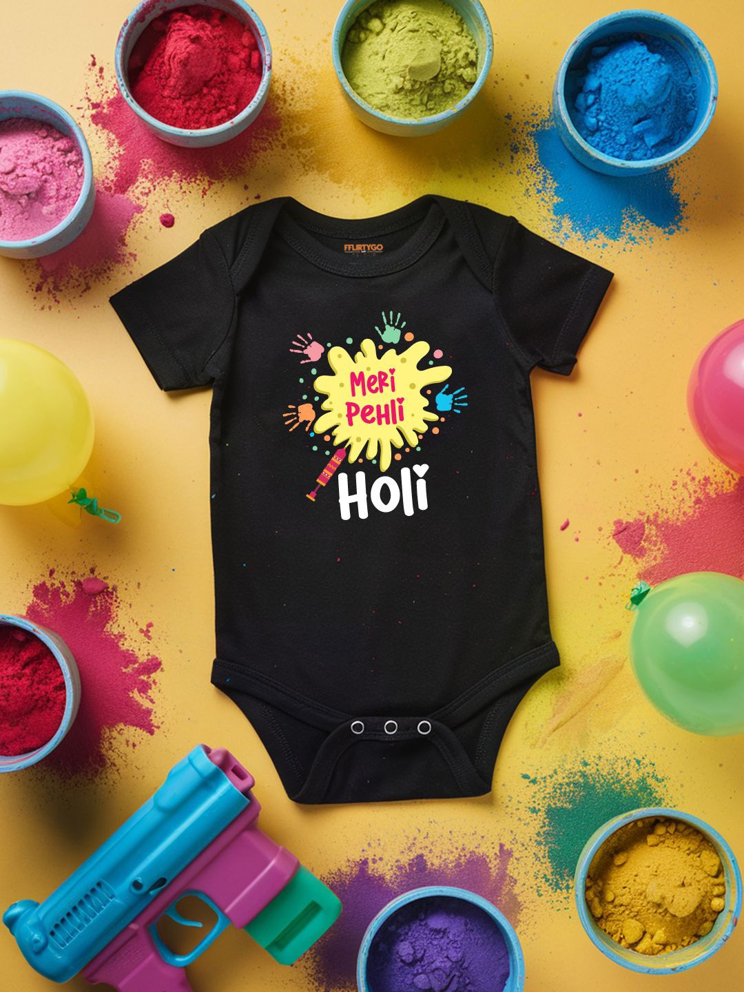 

FFLIRTYGO Infants Holi Printed Cotton Bodysuit, Black