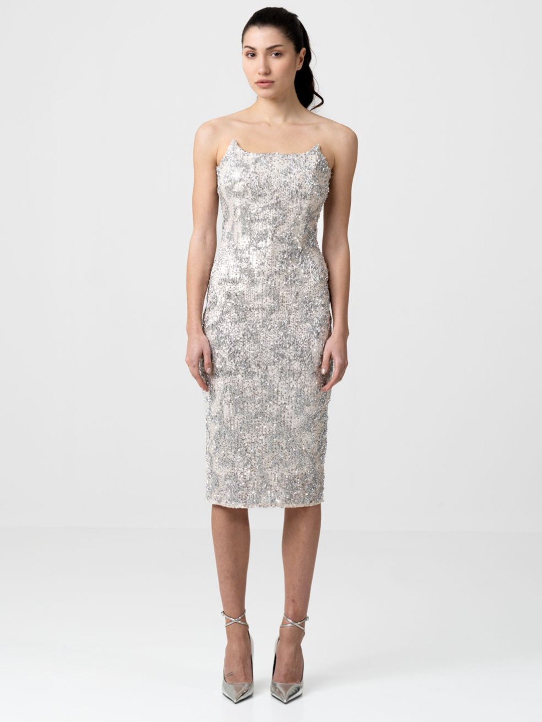 

SOTBELLA Embroidered Net Bodycon Midi Dress, Silver