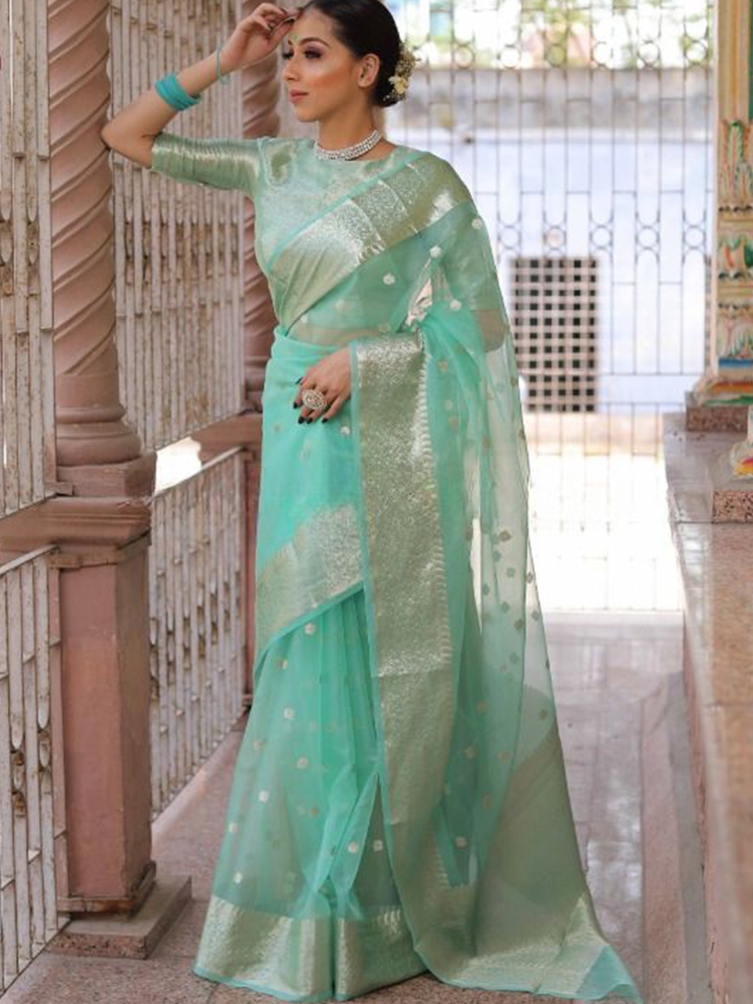 

bansari textiles Woven Design Zari Kota Saree, Green