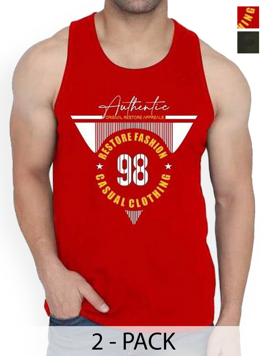 

Woostro Men Pack Of 2 Printed Pure Combed Cotton Gym VestsRS26 CMB (MORE OLIVE) (98 RED)