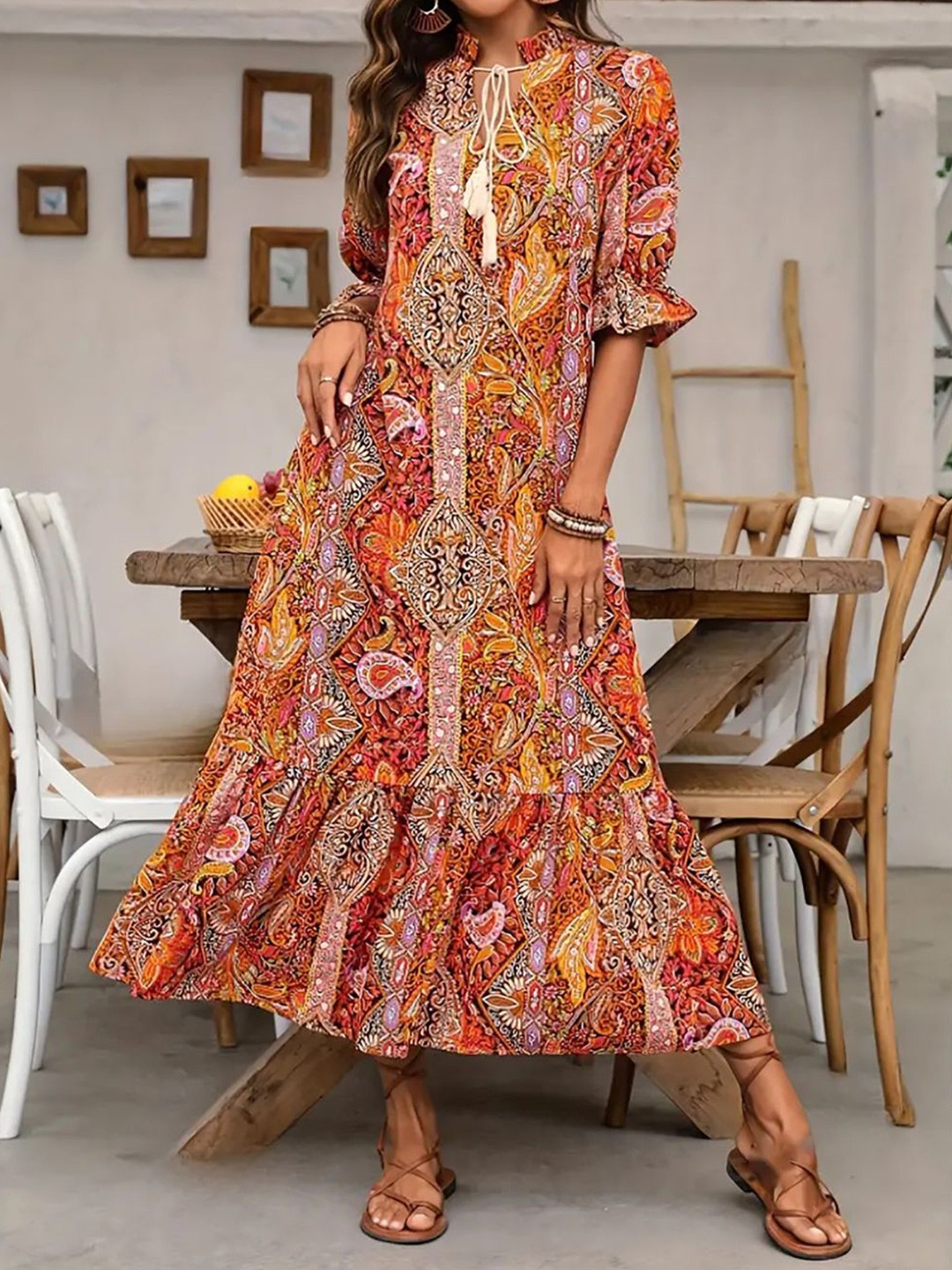 

StyleCast x Revolte Women Ethnic Motifs Print A-Line Maxi Dress, Orange