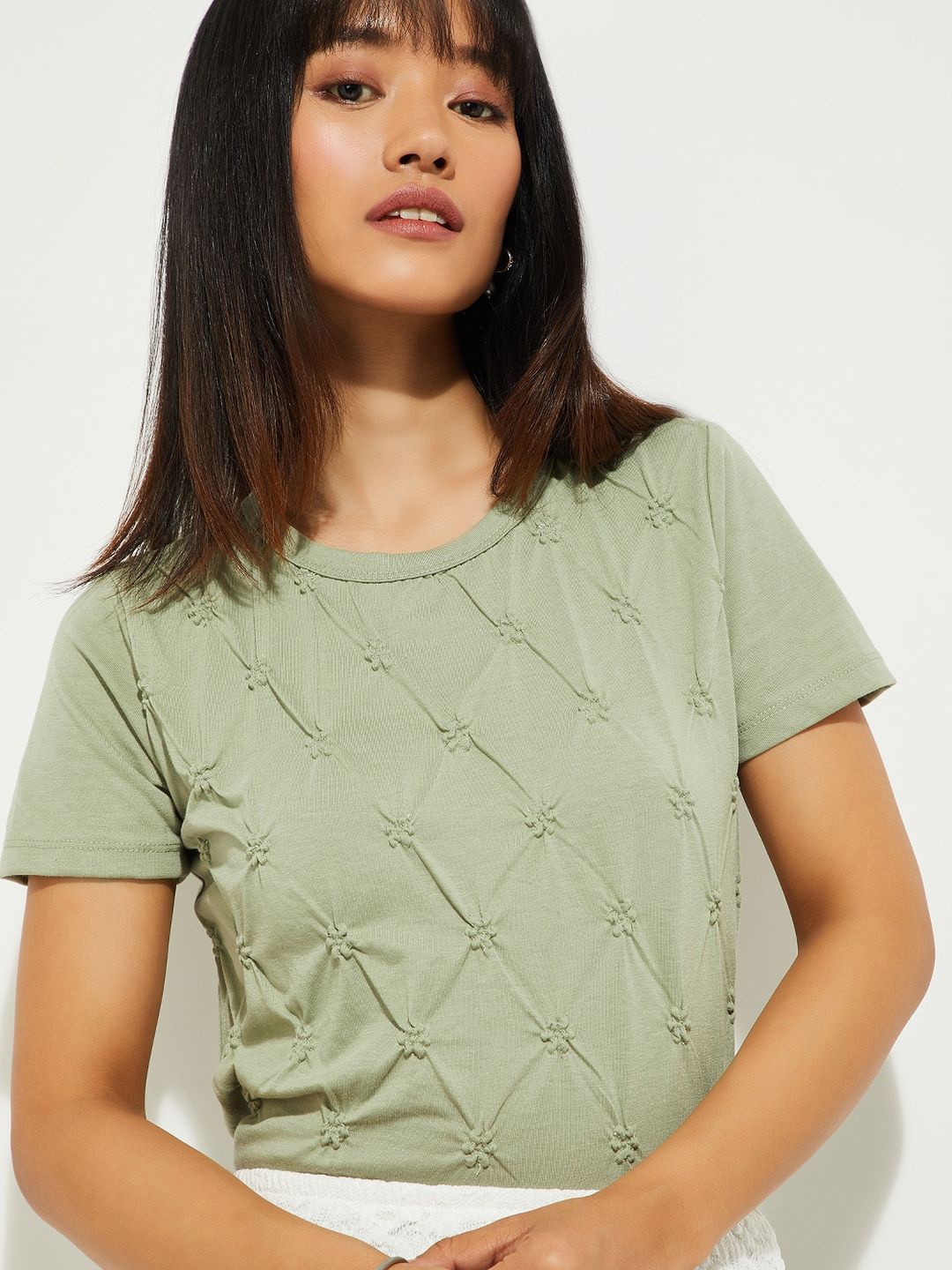 

max Women Self Design Floral Crop Top, Green