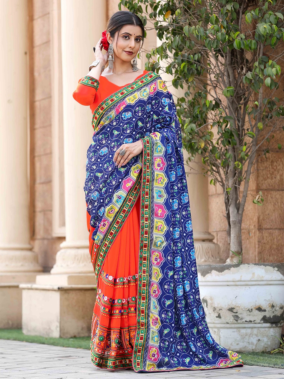 

Blissta Embellished Kutchi Embroidery Patola Saree, Blue
