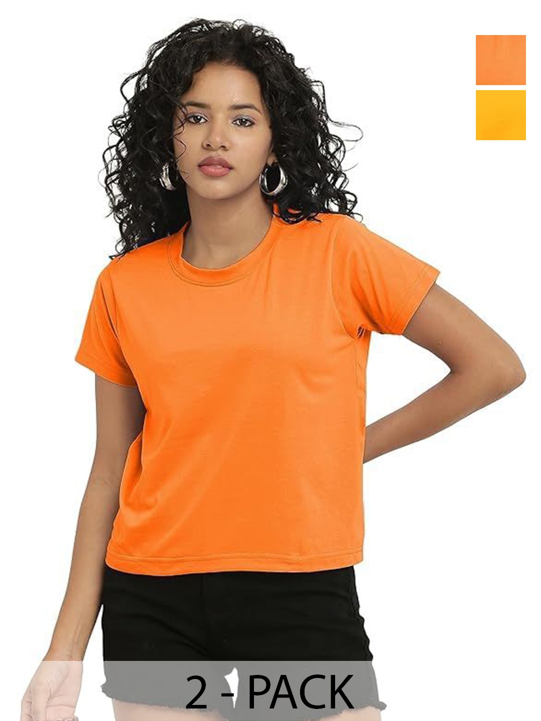 

NOTWILD Women Pack Of 2 Solid Round Neck Cotton T-shirts, Orange
