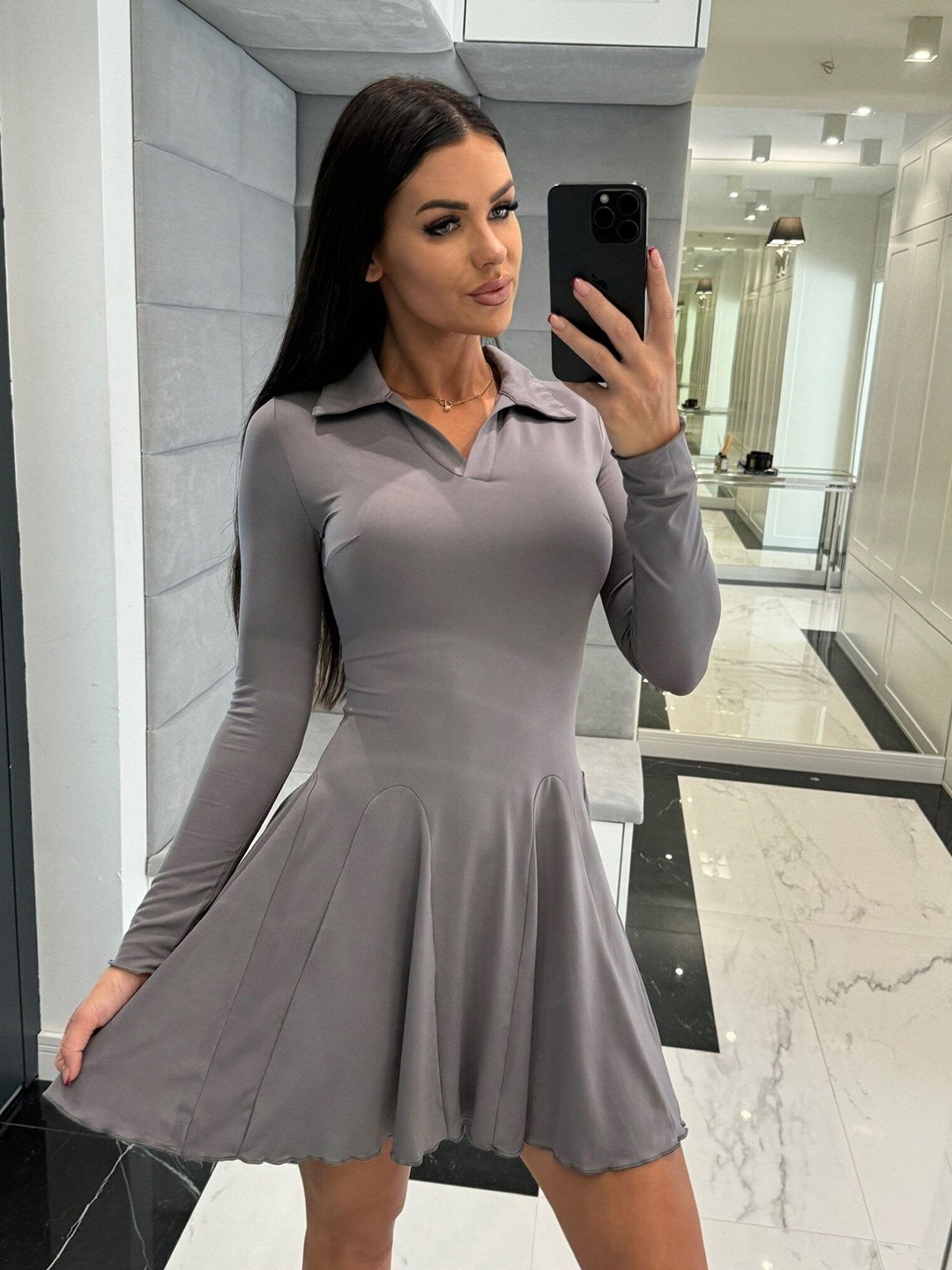 

StyleCast x Revolte Shirt Collar Long Sleeves Fit and Flare Dress, Grey