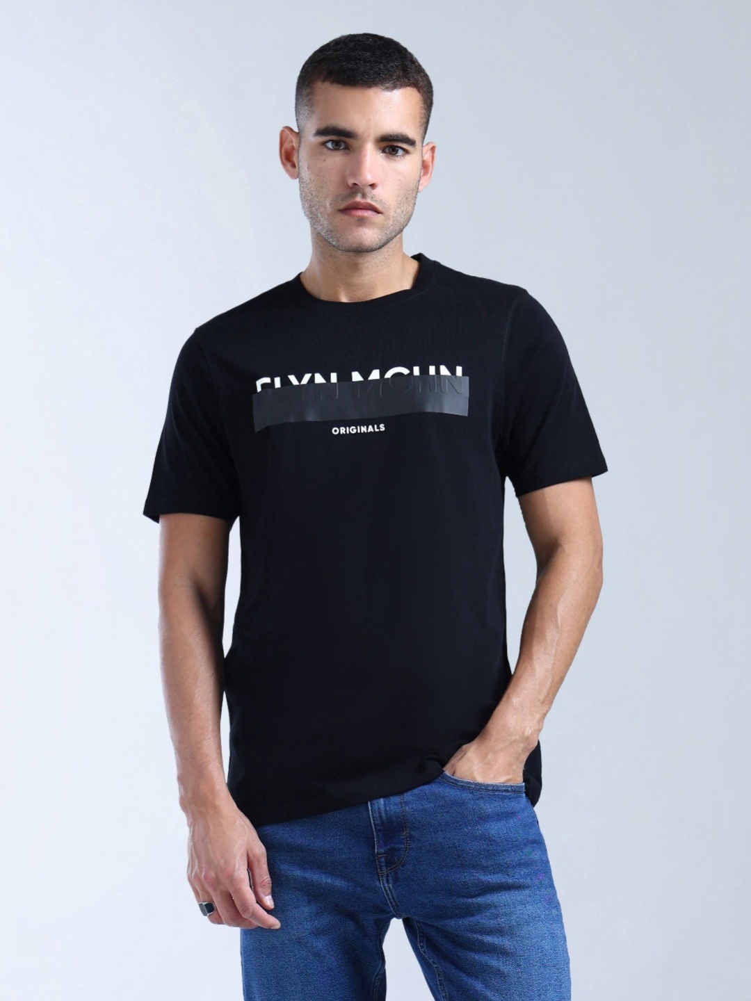 

Flying Machine Men Brand Logo Printed Applique T-shirt, Black