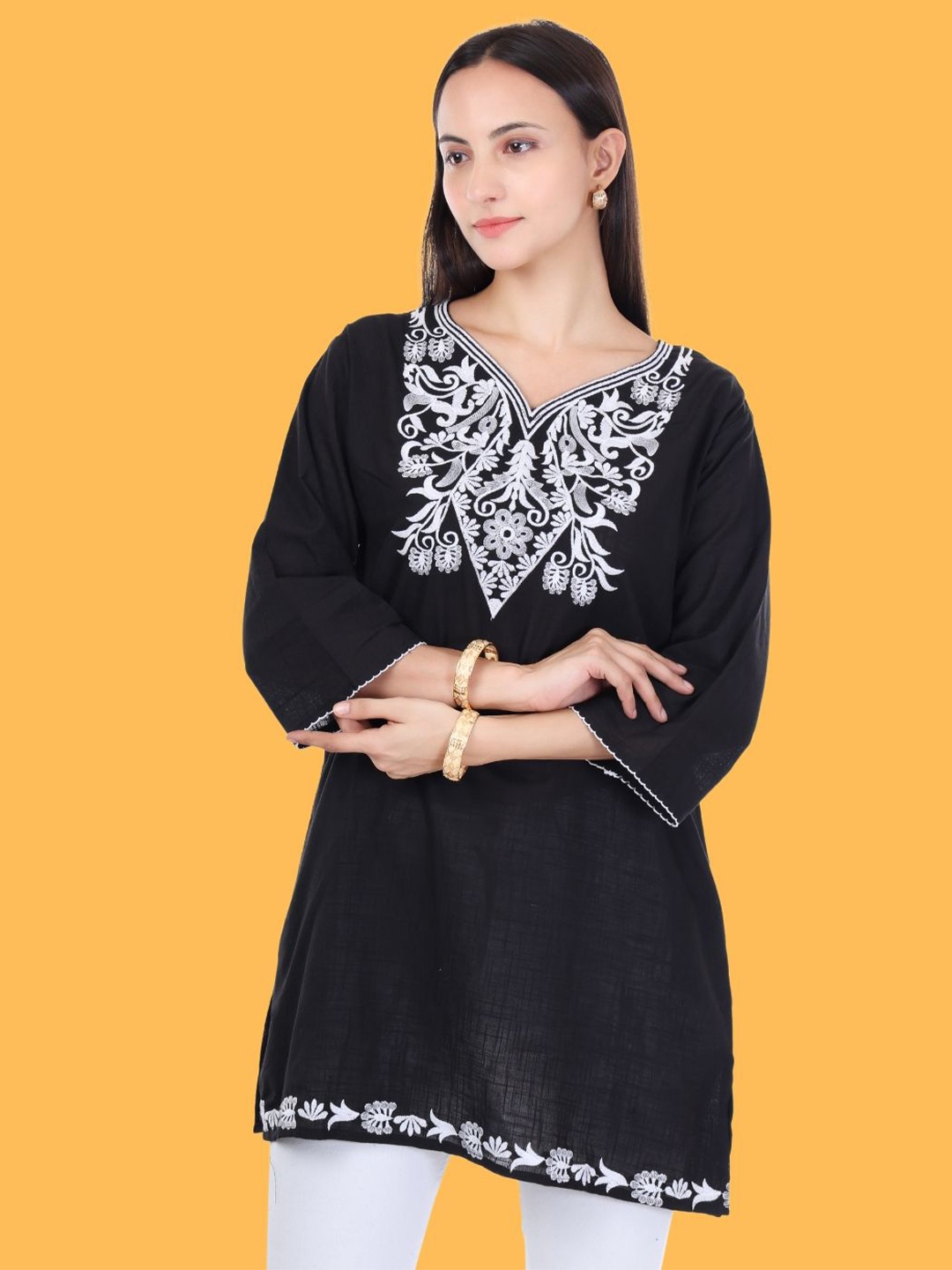 

Moda Rapido Women Floral Embroidered Flared Sleeves Pure Cotton Kurti, Black
