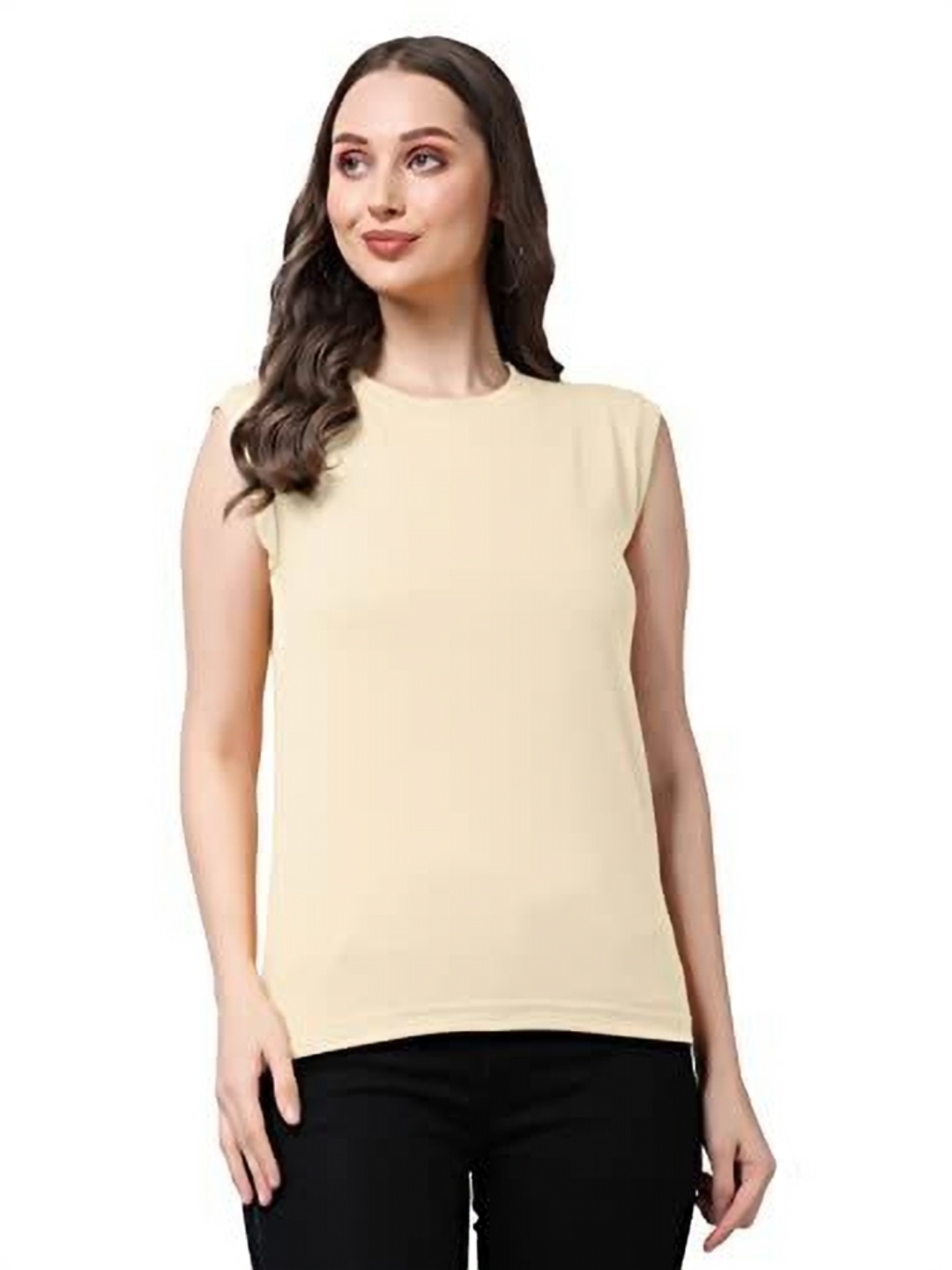 

NOTWILD Women Solid Round Neck Cotton Relaxed Fit T-shirt, Beige