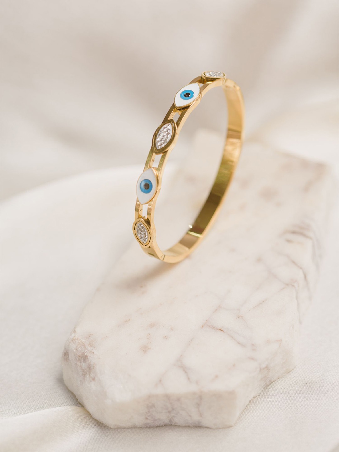 

ARTKLIM Gold-Plated Artificial Stones Studded Evil Eye Bangle-Style Bracelet