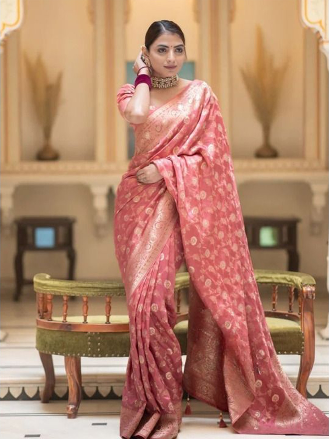 

bansari textiles Woven Design Zari Patola Saree, Pink