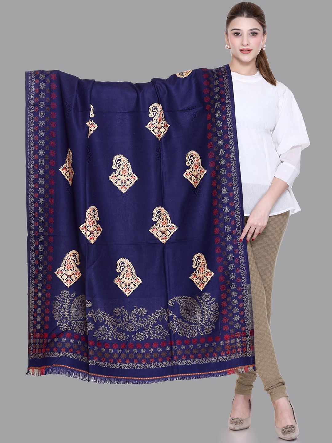 

Tones-N-Shades Ethnic Motifs Woven Design Woollen Shawl, Blue
