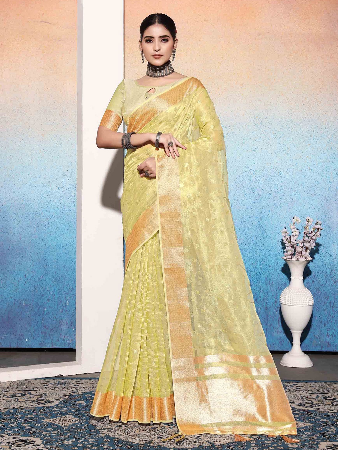

Blissta Woven Design Embroidered Tissue Saree, Lime green