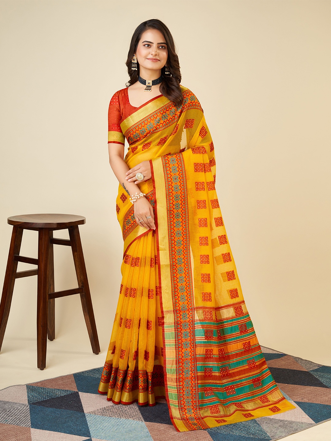 

bansari textiles Printed Zari Banarasi Saree, Yellow