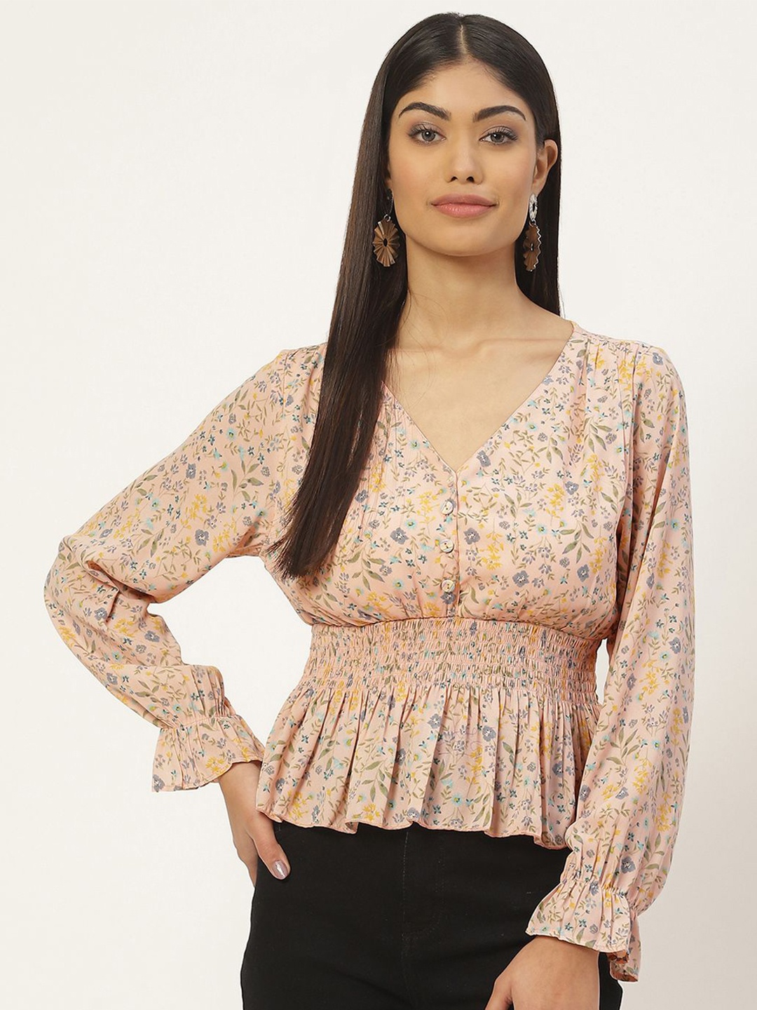 

Moda Rapido Floral Print Bell Sleeve Smocked Georgette Peplum Top, Beige