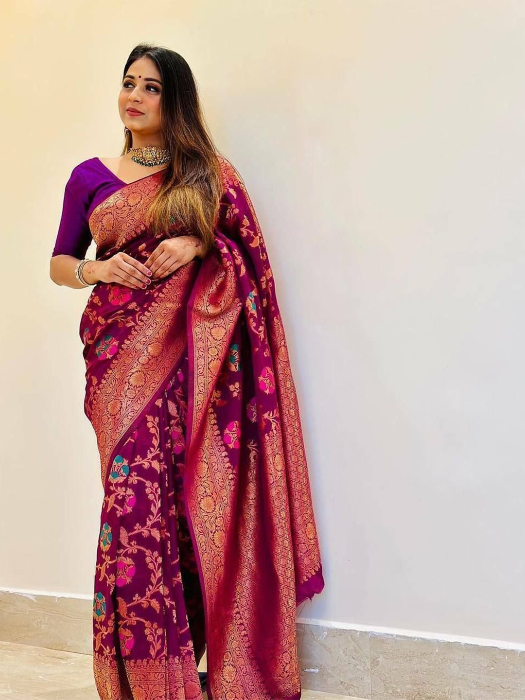 

bansari textiles Woven Design Zari Kanjeevaram Saree, Purple