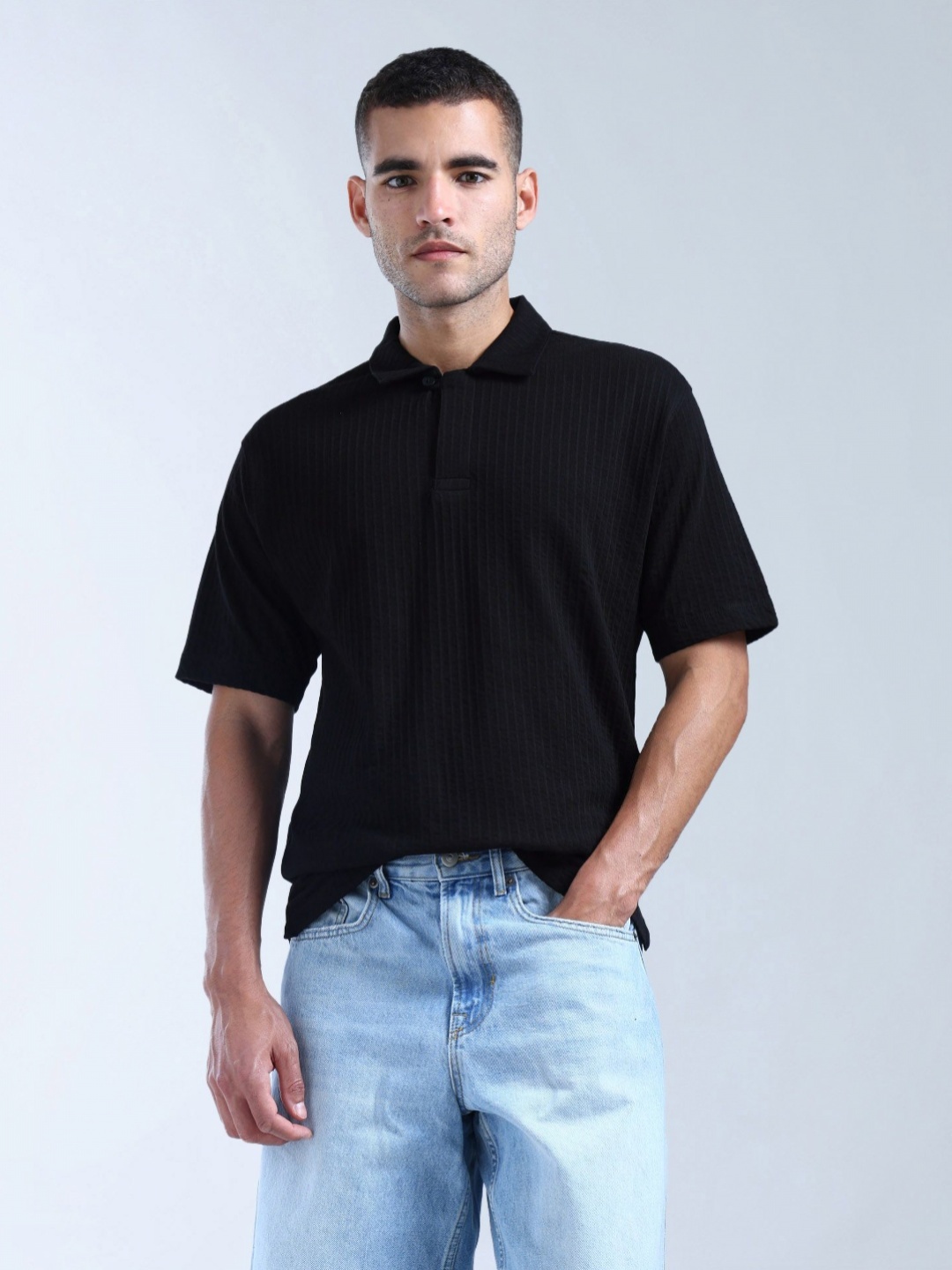 

Flying Machine Men Brand Logo Printed Polo Collar Pockets T-shirt, Black