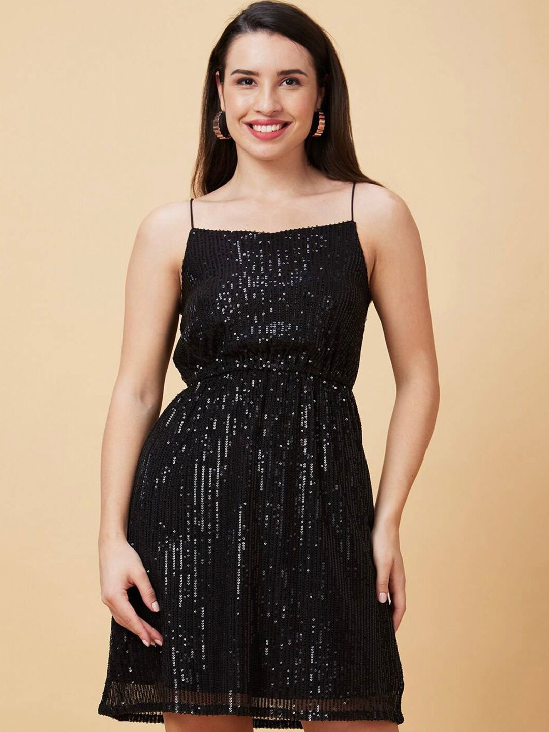 

CORSICA Embellished Net Fit & Flare Mini Dress, Black