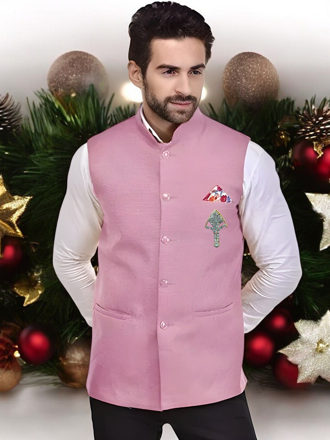 

Eliq Jute Cotton Mandarin Collar Nehru Jacket with Brooch, Pink