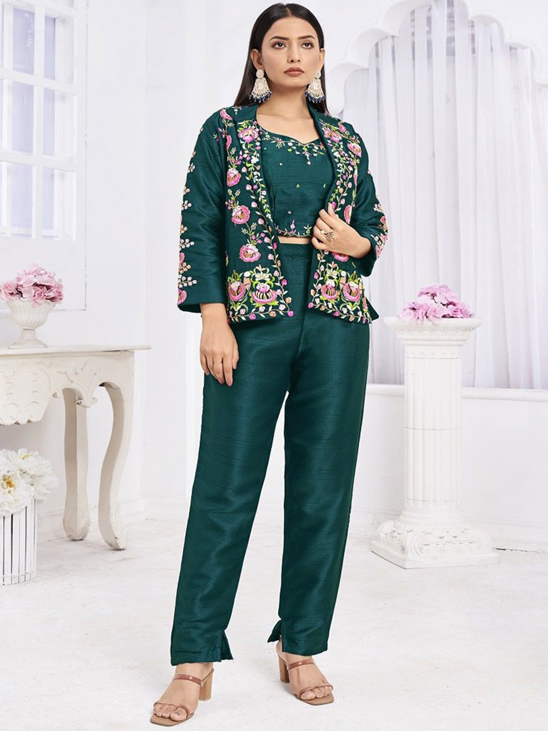 

Krimmple Floral Embroidered Top With Trouser And Jacket, Turquoise blue