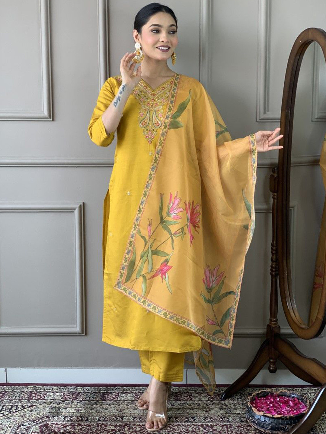 

Moda Rapido Ethnic Motifs Embroidered Thread Work Straight Kurta With Trousers And Dupatta, Yellow