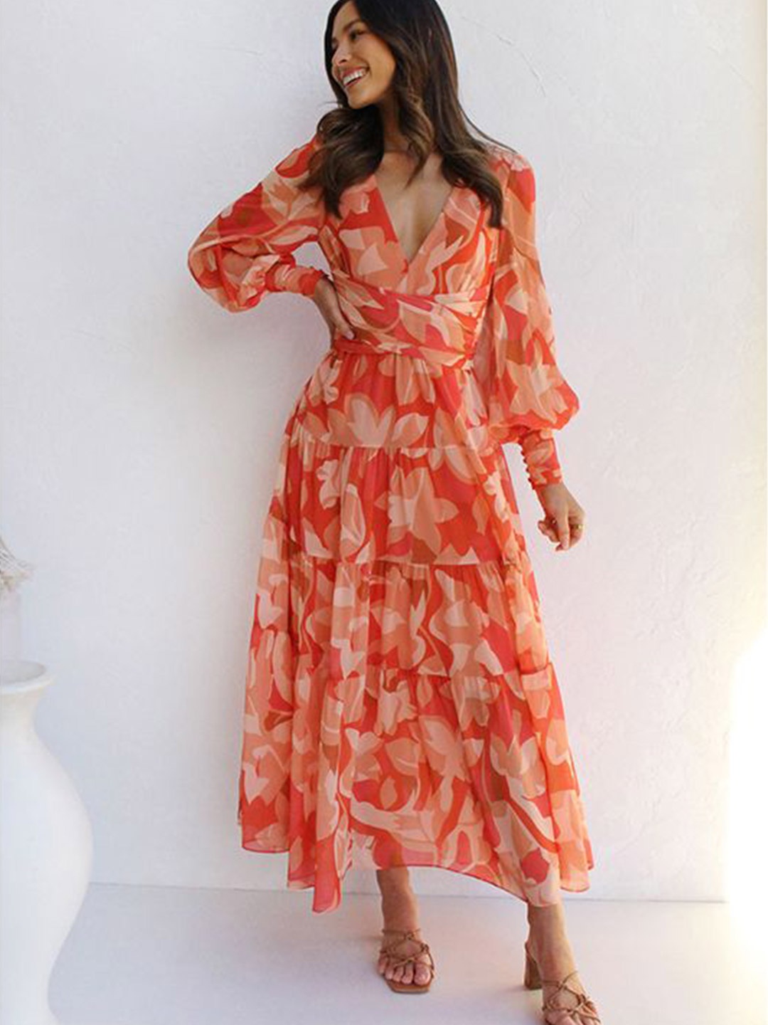 

StyleCast V-Neck Cuffed Sleeves Tiered Fit & Flare Maxi Dress, Orange