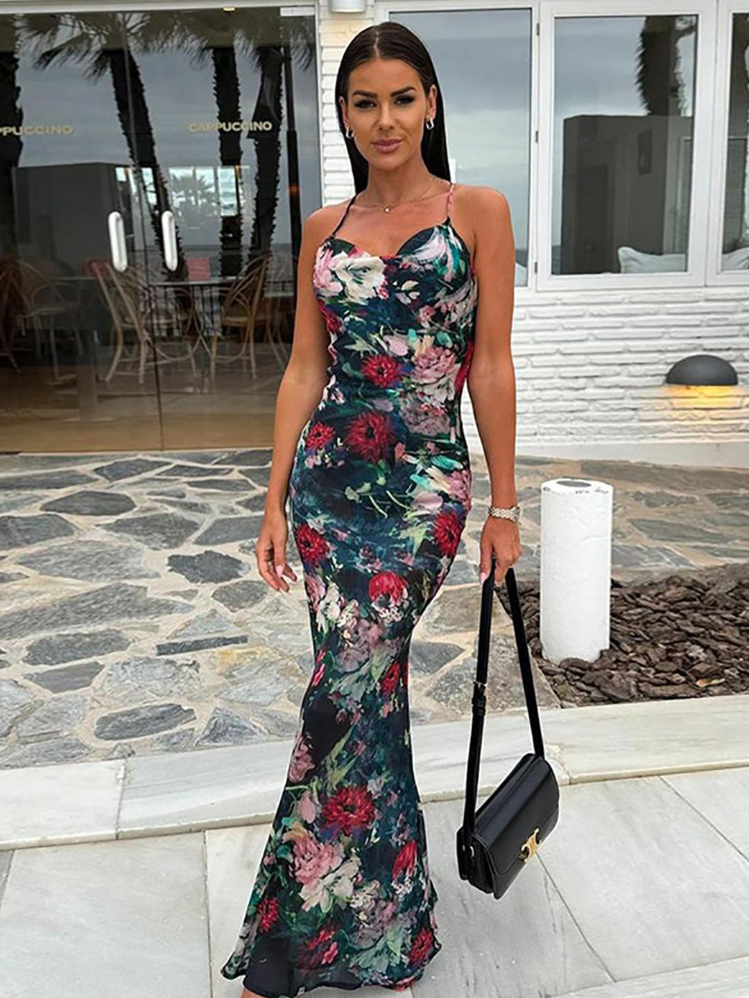 

StyleCast x Revolte Floral Printed Shoulder Straps Bodycon Maxi Dress, Black