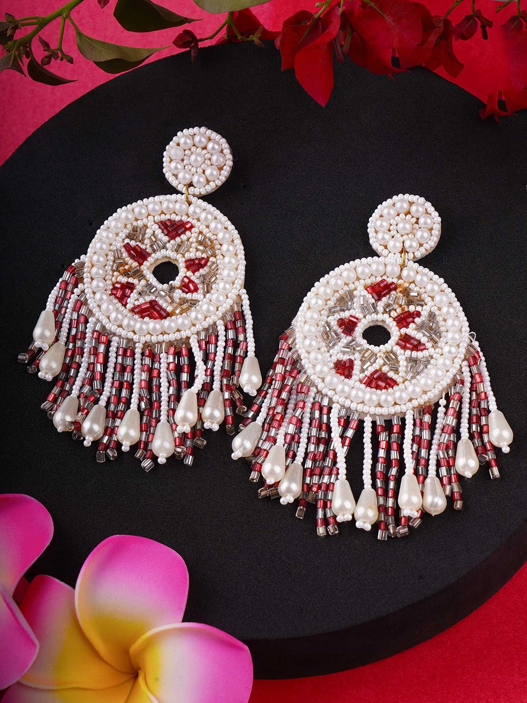 

Sangria White Artificial Beads And Pearls Beaded Circular Drop Earrings