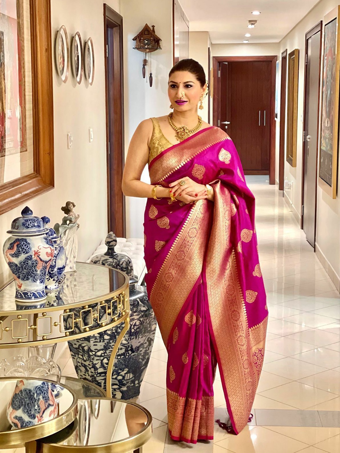 

bansari textiles Woven Design Zari Banarasi Saree, Pink
