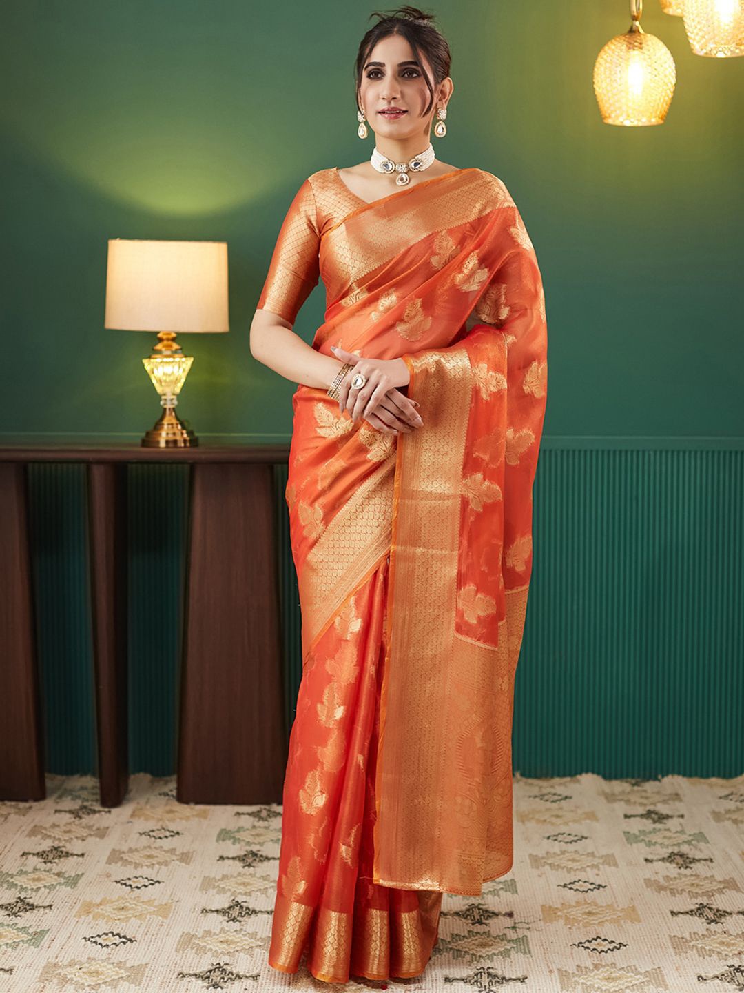 

Satrani Woven Design Tissue Saree, Orange