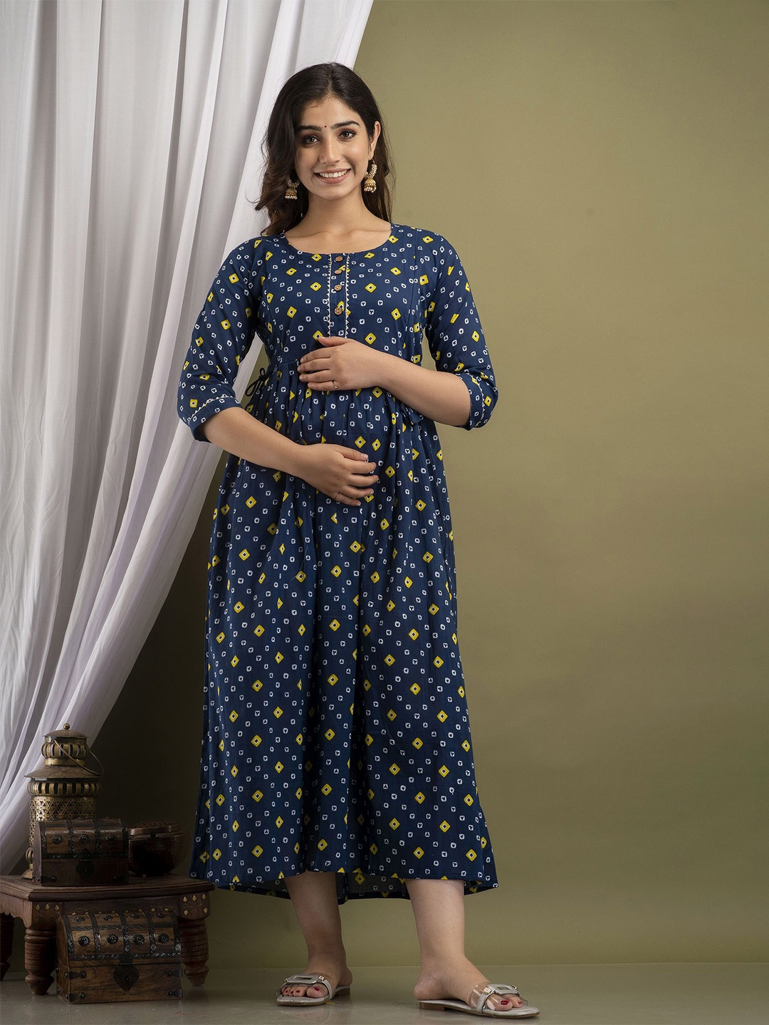 

UrbanRang Women Geometric Printed Maternity Fit and Flare Dress, Blue