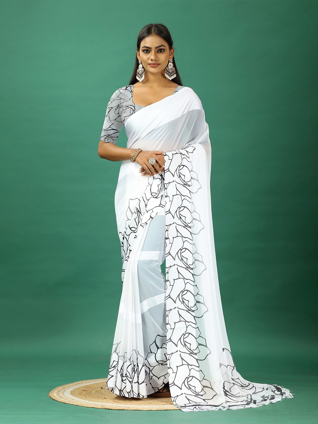 

A.V.M. SILK MILLS Striped Printed Border Satin Saree, White