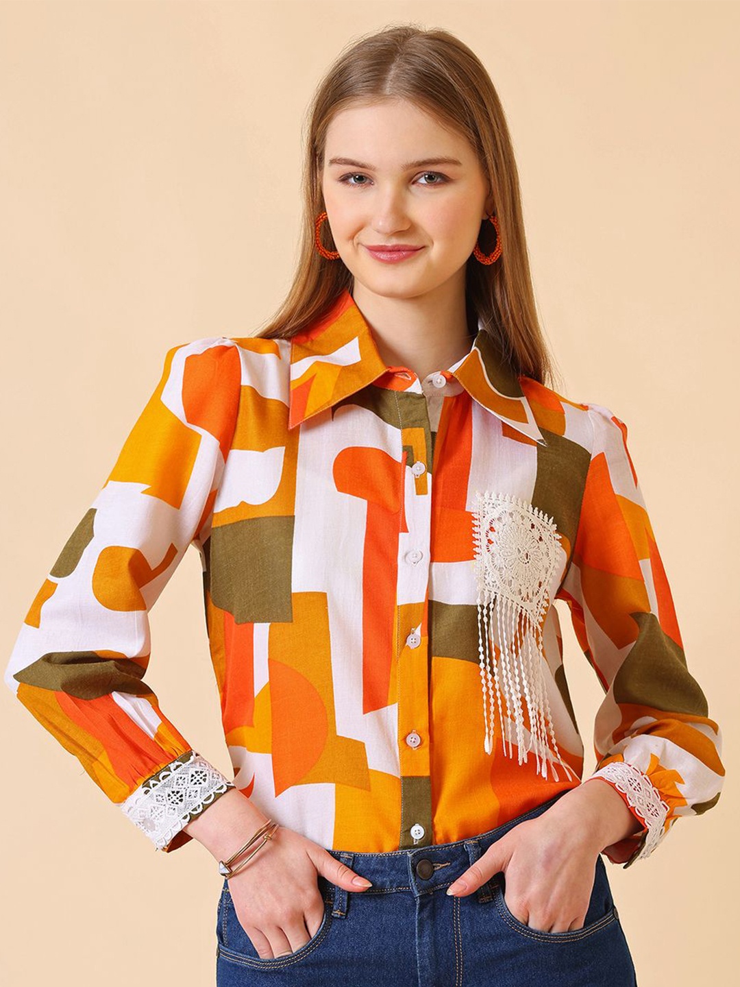 

Kinjo Women Original Fit Spread Collar Abstract Printed Cotton Formal Shirt, White