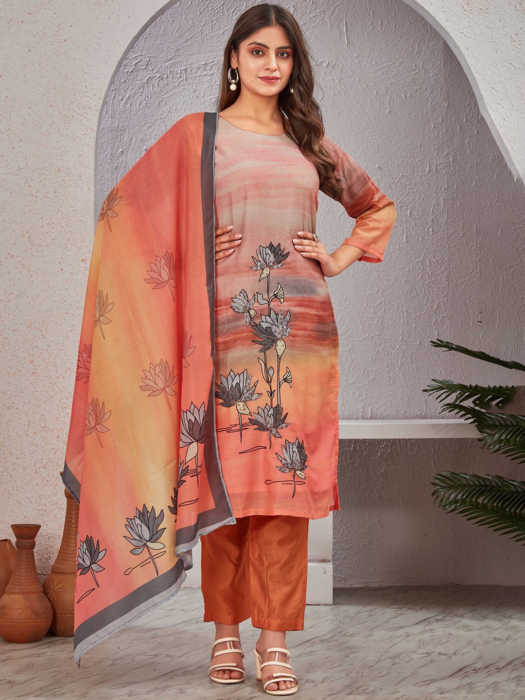 

Moda Rapido Floral Printed Straight Kurta With Trouser And Dupatta, Peach