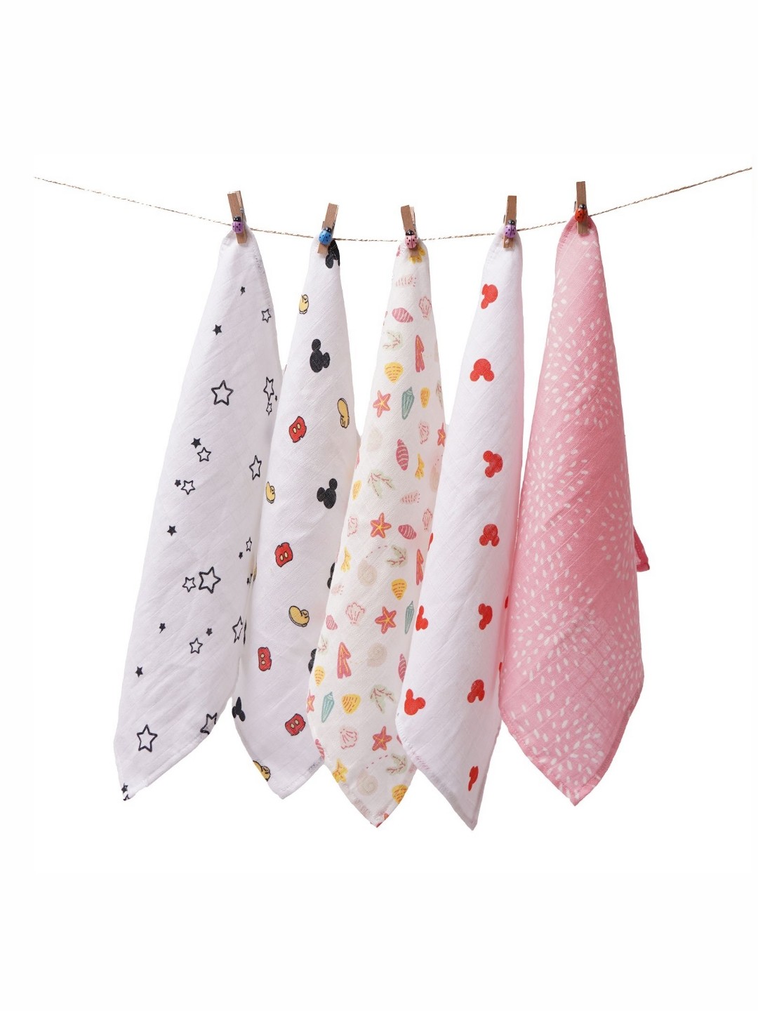 

TIDY SLEEP Kids White & Pink 5 Pieces Printed Cotton Muslin 150 GSM Face Towels