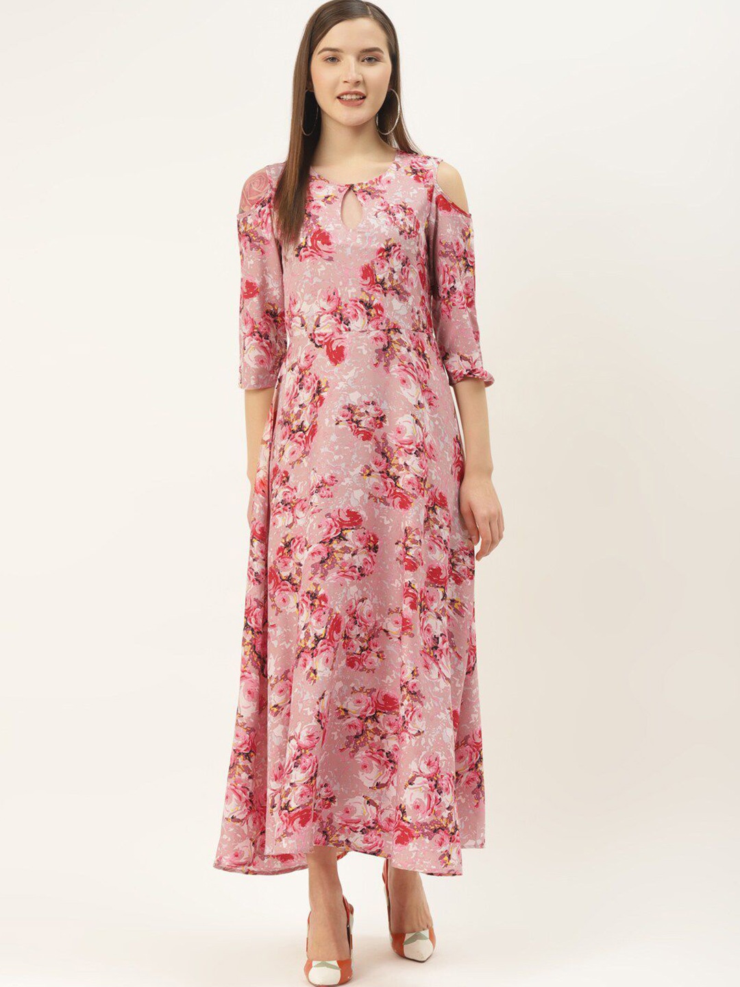 

DressBerry Floral Printed Cut-Out Cold-Shoulder Crepe Fit and Flare Dress, Pink