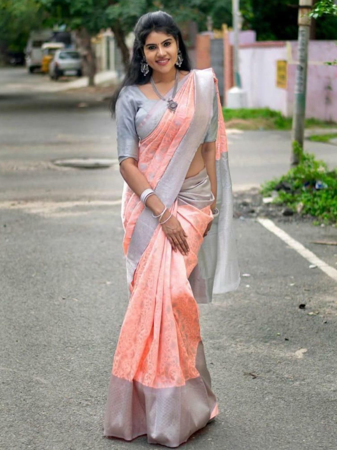 

bansari textiles Woven Design Zari Pure Cotton Kanjeevaram Saree, Pink
