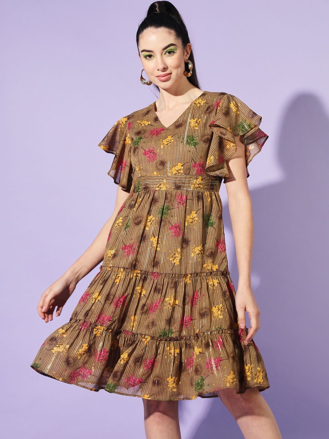 

Moda Rapido Floral Print Flared Sleeve Layered Georgette A-Line Dress, Brown