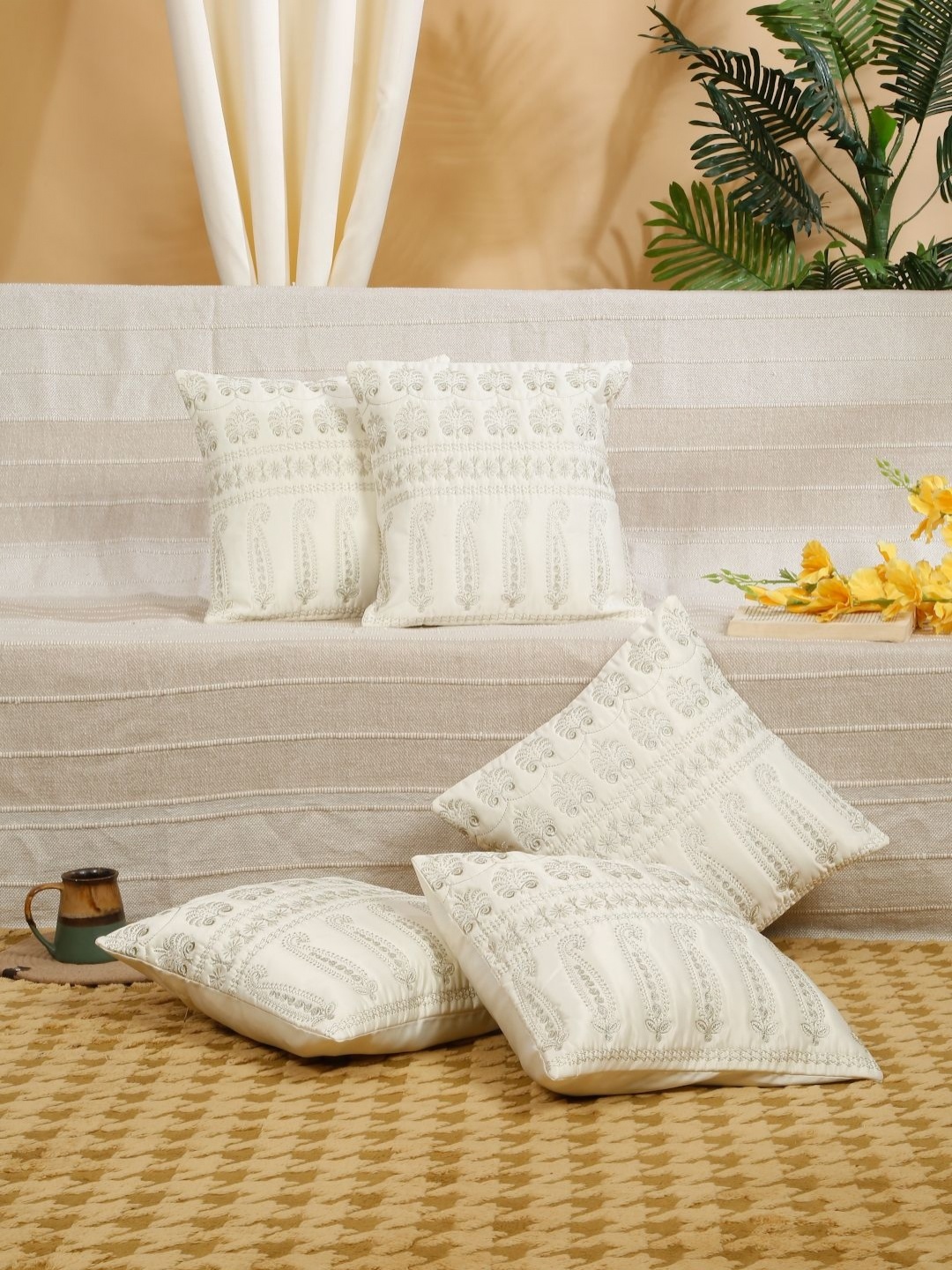 

SOKNACK Cream & Silver-Toned 5 Pieces Ethnic Motifs Embroidered Square Cushion Covers