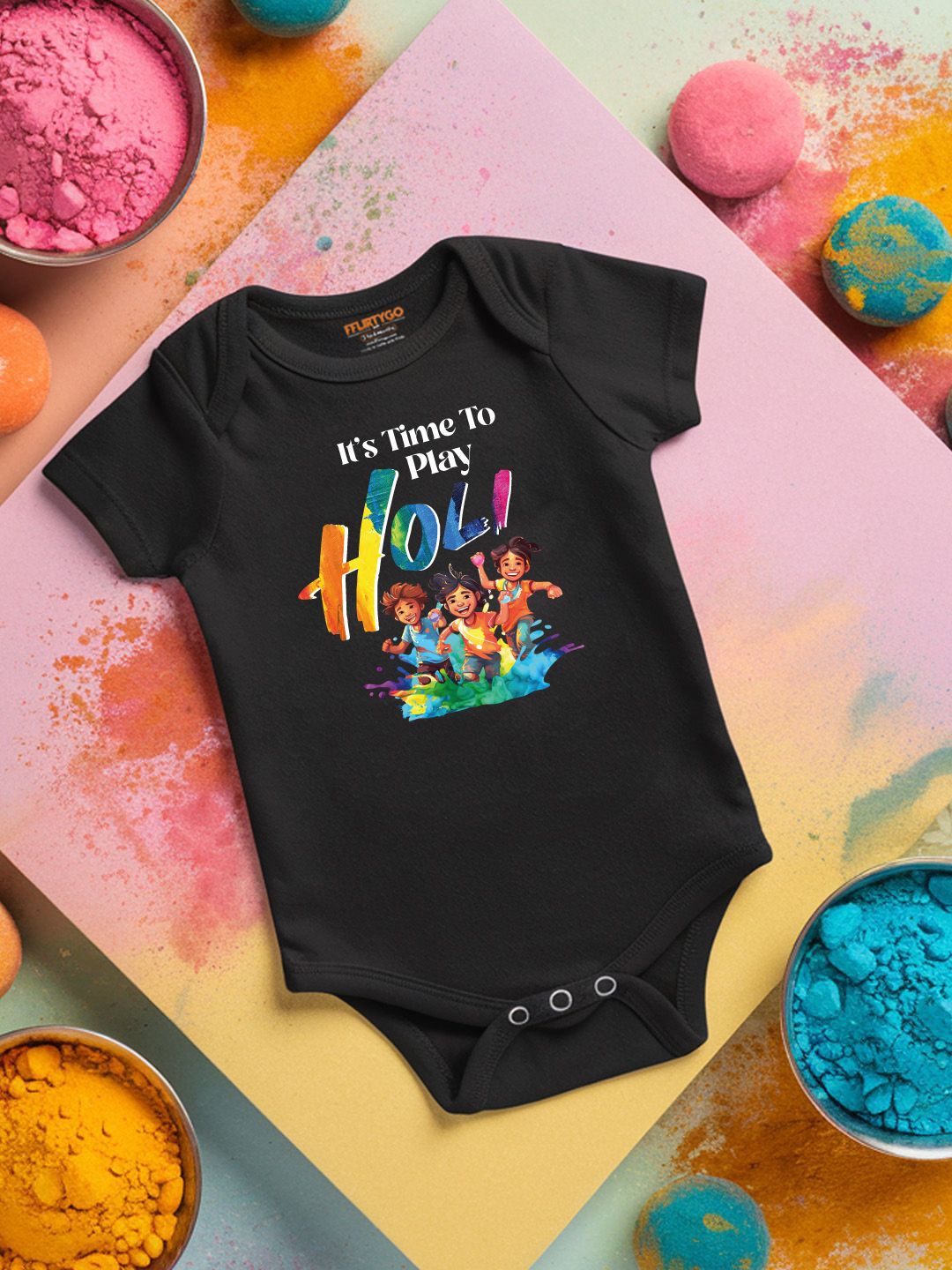 

FFLIRTYGO Infants Holi Printed Cotton Bodysuit, Black