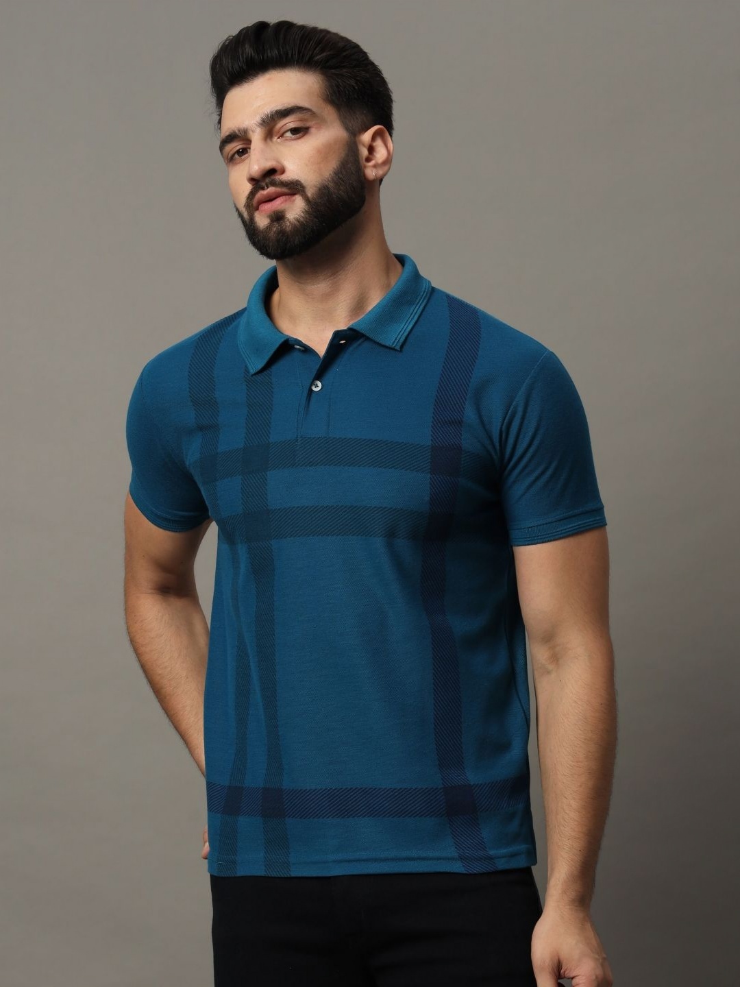 

HUSHBUCKS Men Checked Polo Collar Pockets T-shirt, Teal