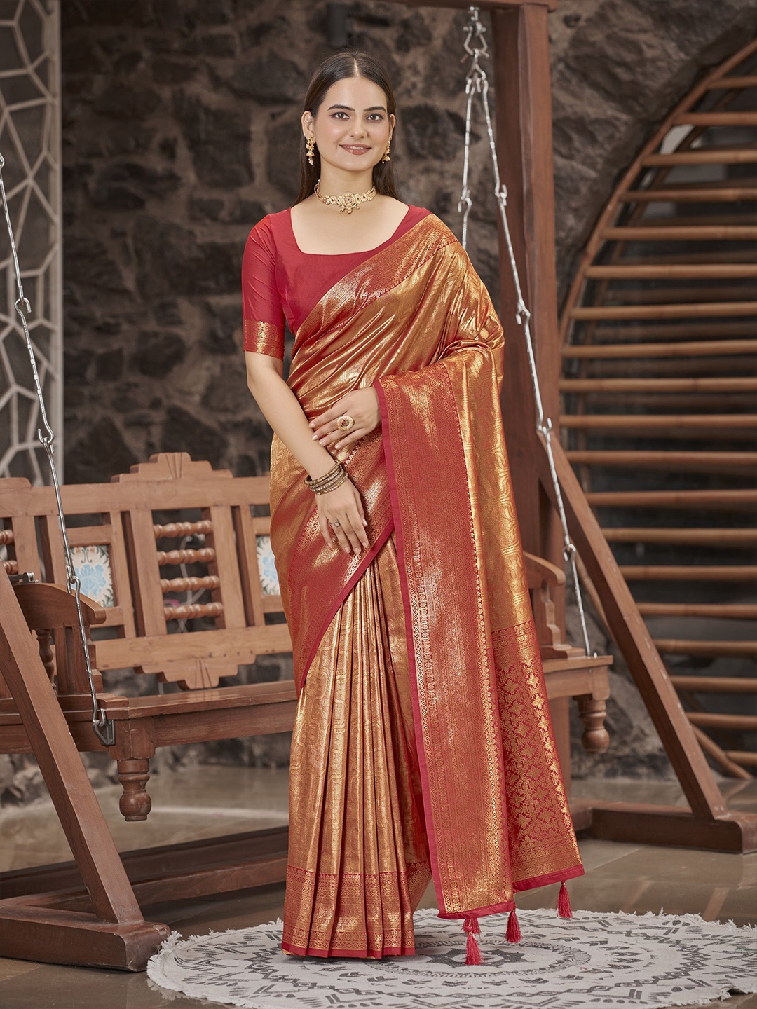 

SAREETHNIC Ethnic Motifs Zari Pure Silk Kanjeevaram Saree, Red